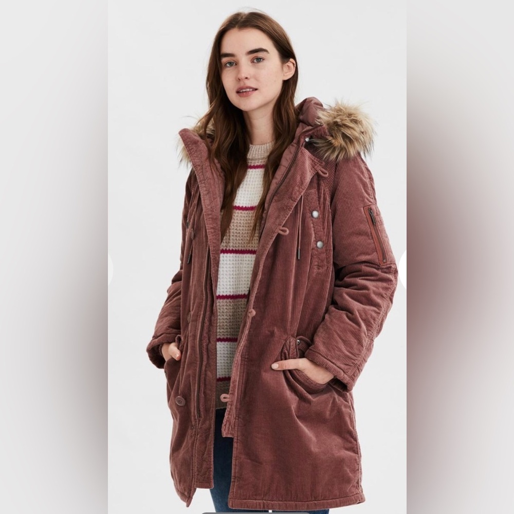 American Eagle AEO Brown Corduroy Winter Coat Womens Small Faux Fur Quilt Lined - Picture 2 of 14